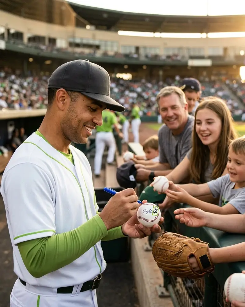 A baseball player signing a ball for fans
