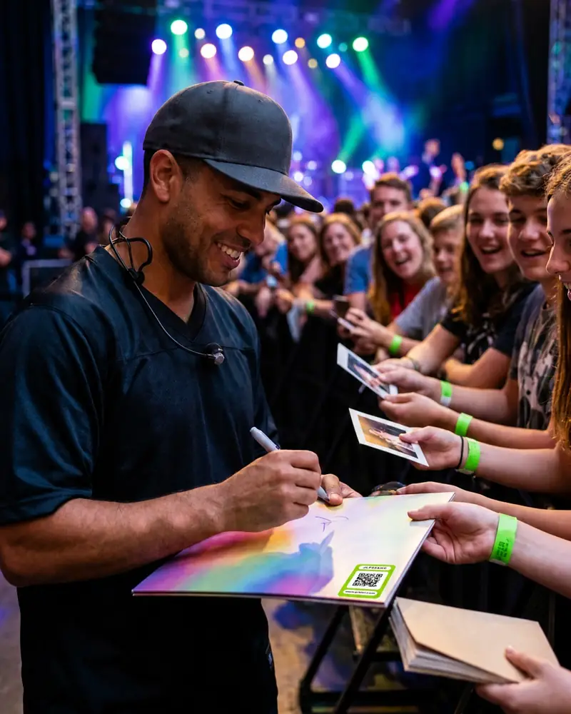 A singer signing a record for fans after a concert