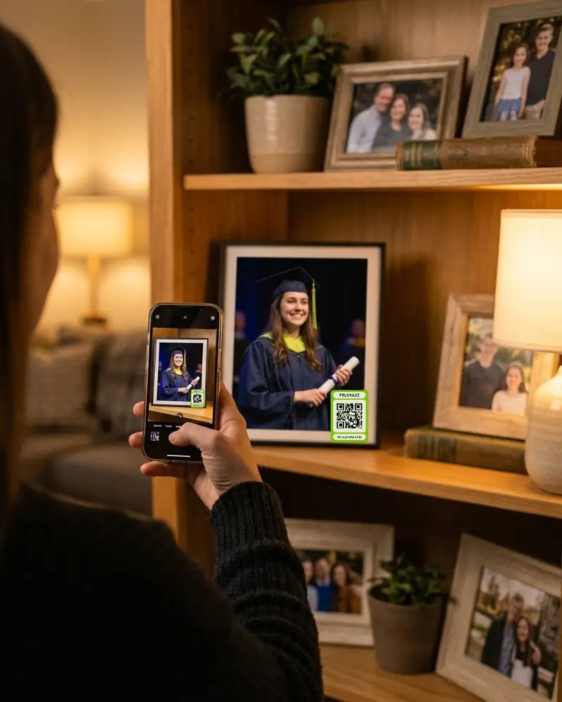 A person scanning the QRTOFAN tag on a graduation photo