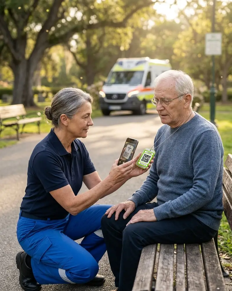 A paramedic scanning the medical tag of an elderly man